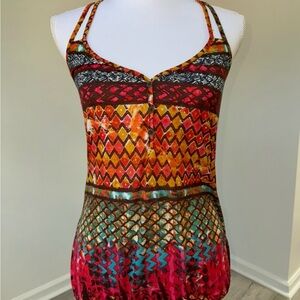 VTG Self Esteem Boho Tank‎ Top M Multicolor Crochet Back Artsy Festival Y2K